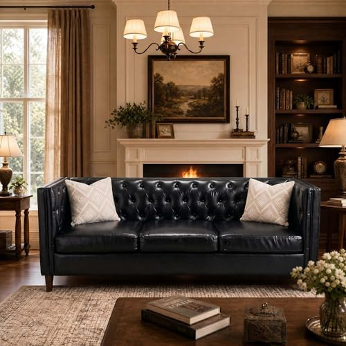 Garvee 81" Modern Leather Couch for Living Room, Mid Century Leather Sofa with Deep Seat, Handmade Button Tufted Sofa, Chesterfield 3 Seat Couch for Apartment, Office, Black | Amazon (US)