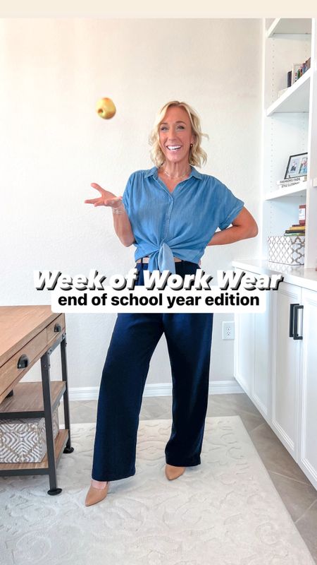 Week of Work Wear:
MONDAY: blue floral dress - size small.
TUESDAY: pink 2-piece trouser set - size small (runs big) // jean jacket - size small.
WEDNESDAY: green print dress - size XS.
THURSDAY: chambray short button up - size small // navy trousers - size 2 (I got the regular length but hemmed them).
FRIDAY: blue dot dress - size XS // cream ja - size small. 

#LTKFindsUnder100 #LTKVideo #LTKWorkwear