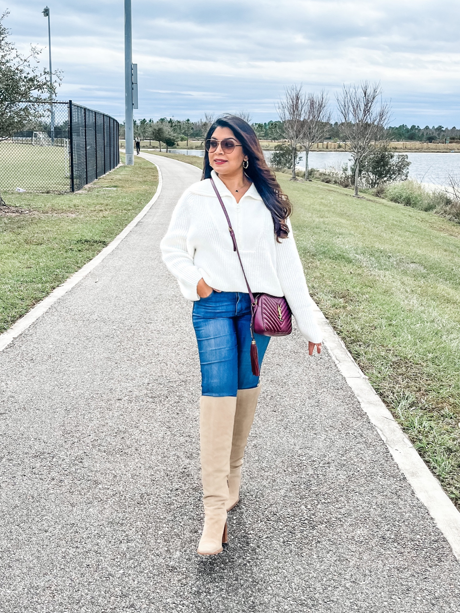 White sweater
Over the knee
Ysl 
Kendra Scott 

#LTKSeasonal #LTKunder50 #LTKshoecrush