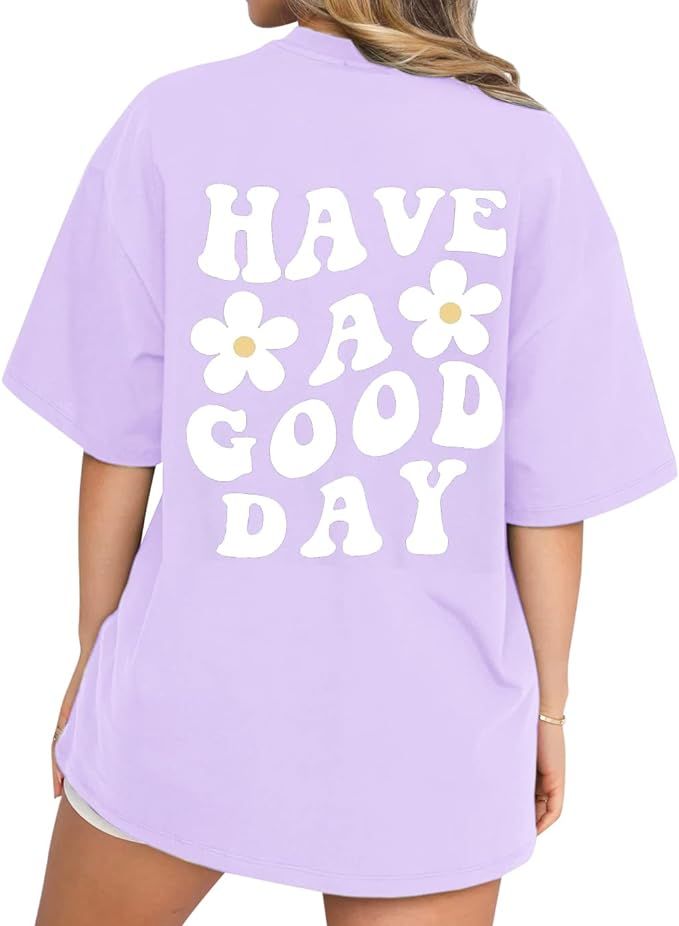 Cioatin Women’s Aesthetic Y2K Oversize Tee Shirt Top Floral Slogan Letter Graphic Drop Shoulder... | Amazon (US)