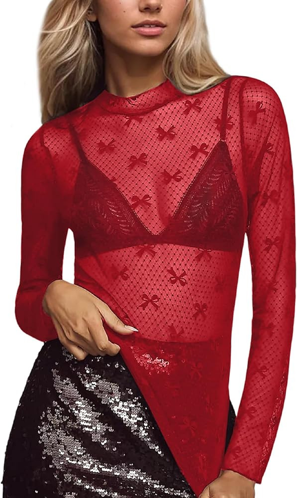 Seyumixi Womens Bow Mesh Long Sleeve Top Blouse Sexy See Through Mock Neck Shirt Polka Dot Print ... | Amazon (US)