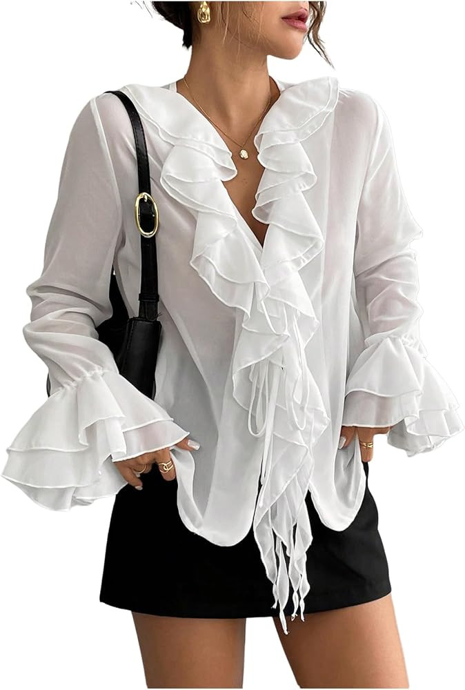 SOLY HUX Women's Long Sleeve Ruffle Blouse V Neck Chiffon Shirts Layered Going Out Tops | Amazon (US)