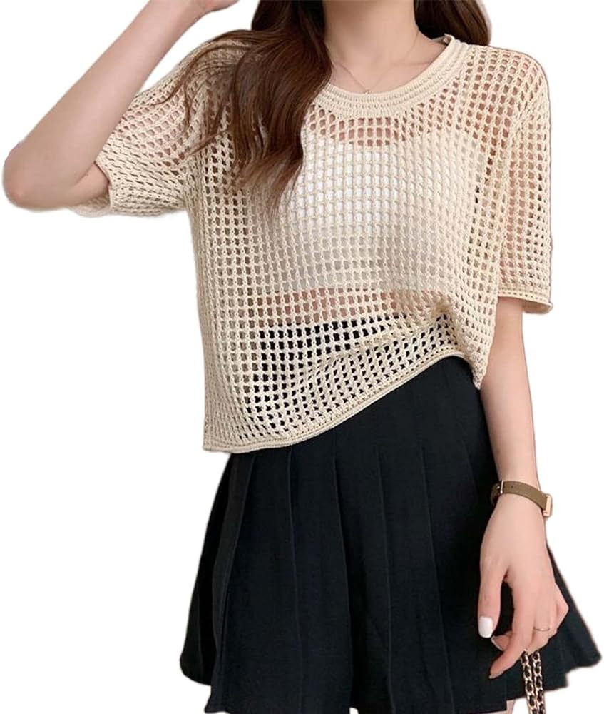 Women's Short Sleeve Crochet Top Cottagecore Clothing Fairycore Clothing Y2K Hollow Out Cropped K... | Amazon (US)