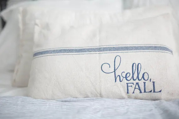 Hello Fall Grain Sack Pillow Cover, Available in Blue, Tan, and Red | Etsy (US)
