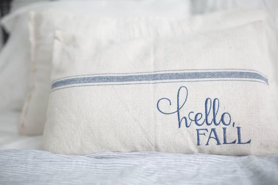 Hello Fall Grain Sack Pillow Cover, Available in Blue, Tan, and Red | Etsy (US)