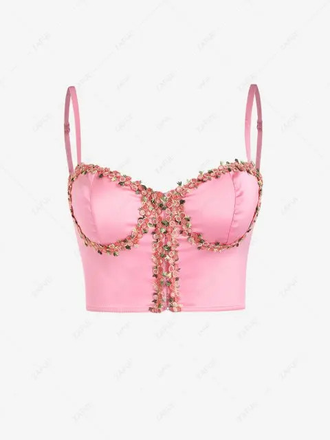 Floral Applique Adjustable Strap Crop Top - Light Pink M | ZAFUL (Global)