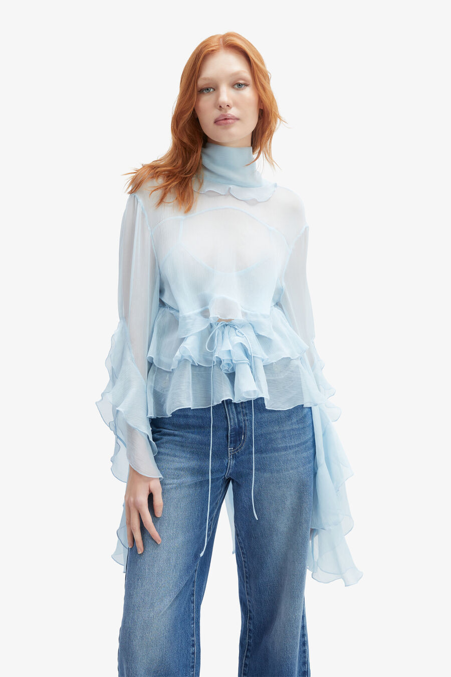 anyssa ruffle blouse in soft blue | Bardot (US)