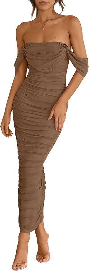 PRETTYGARDEN Womens 2026 Summer Off The Shoulder Dress Ruched Bodycon Sleeveless Split Cocktail P... | Amazon (US)