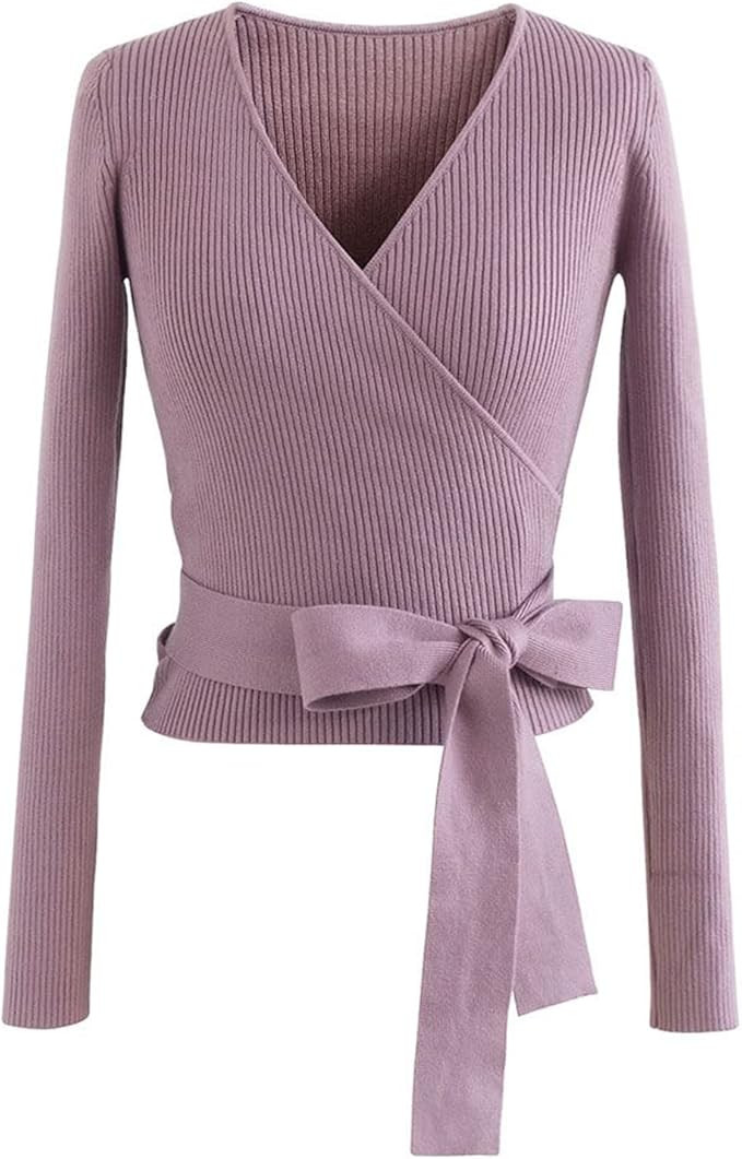 CHICWISH Women's Black/Lilac V-Neck Tie-Waist Bowknot Wrap Knit Top | Amazon (US)