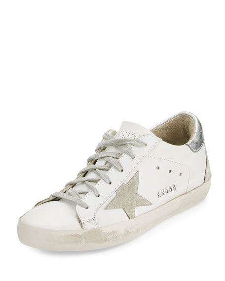Golden Goose Distressed Leather Low-Top Sneakers, White/Silver | Neiman Marcus