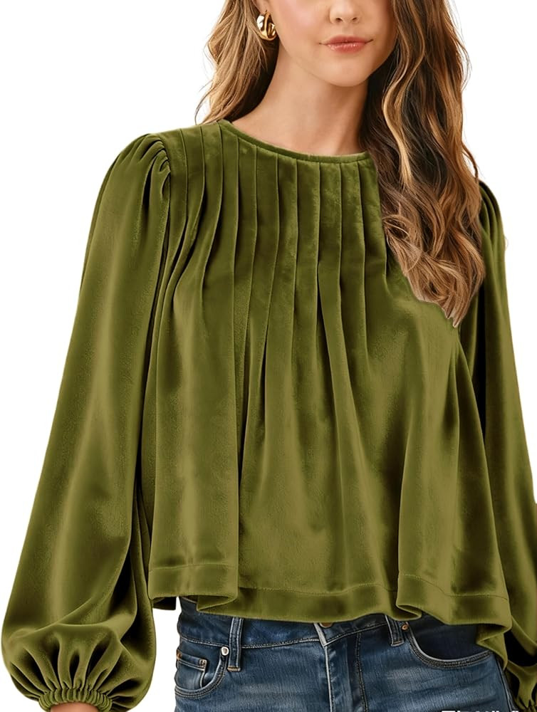 Gozoloma Women's Velvet Babydoll Top Long Sleeve Bubble Blouse Pleated Smocked Cuff Dressy Casual... | Amazon (US)