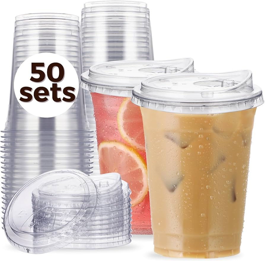 16 oz Clear Plastic Cups with Strawless-Sip-Lids, 50 Sets Disposable Cups Plastic Iced Coffee Cup... | Amazon (US)