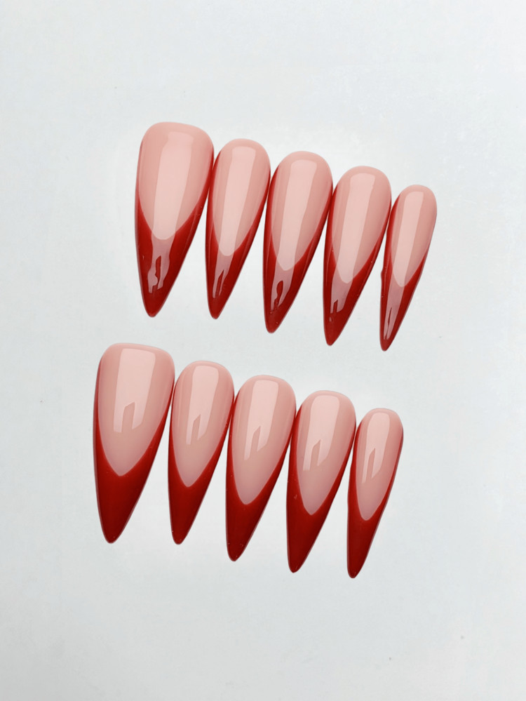 10pcs Handmade Nails Almond Stiletto Nails Press On Nails Long, Minimalism Red Nails, Red French ... | SHEIN