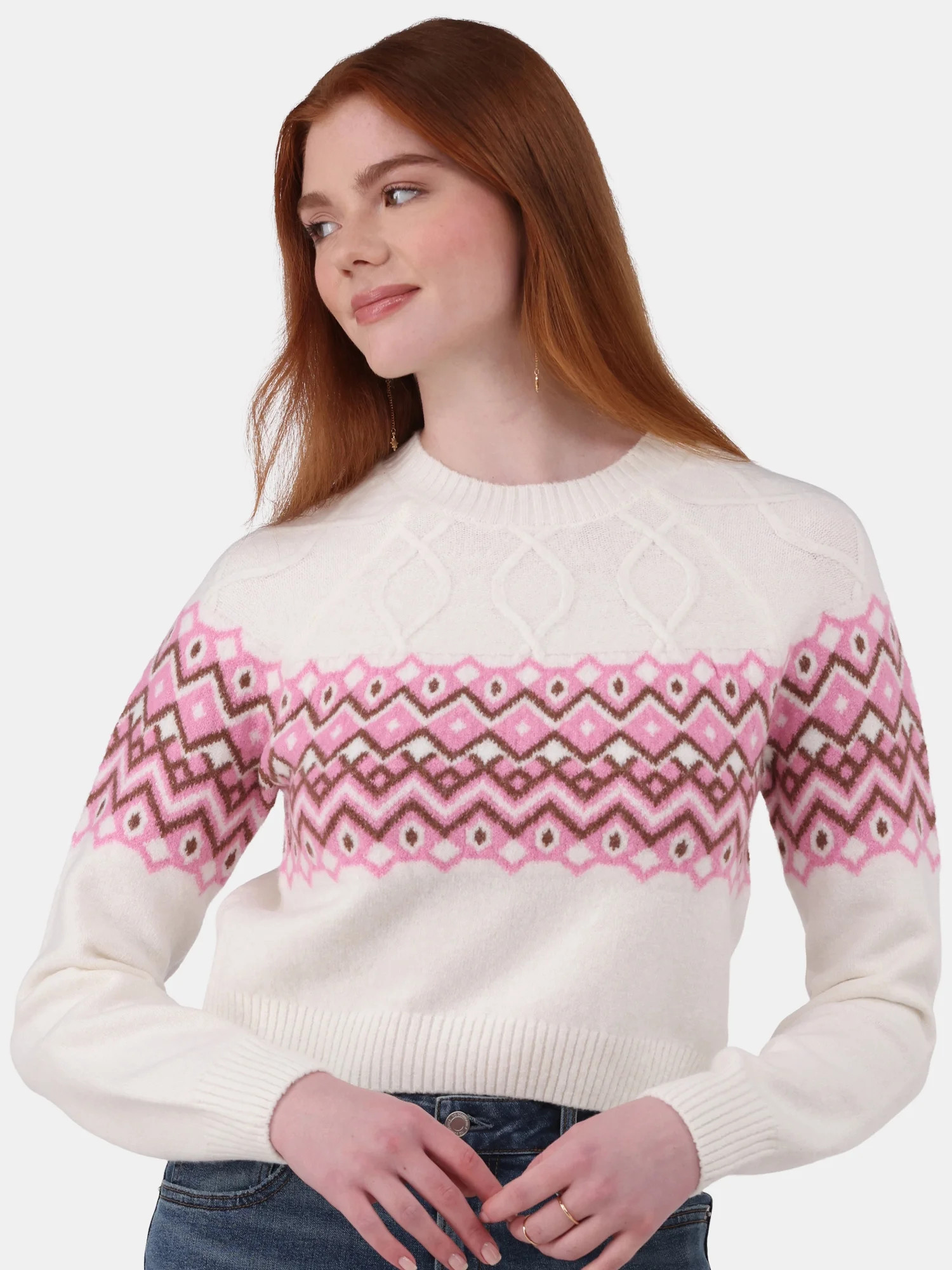 No Boundaries Fairisle Crew Neck Sweater, Women's and Women’s Plus | Walmart (US)