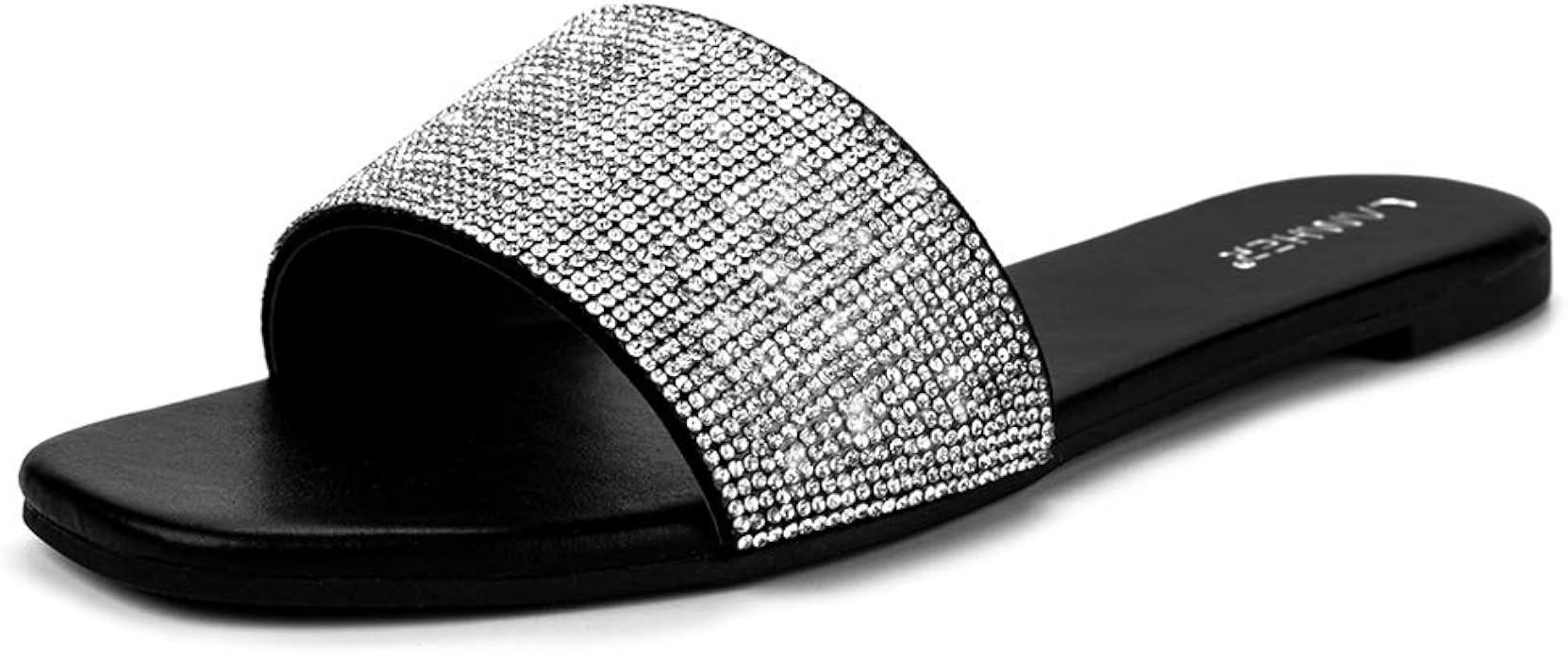 Women's Bling Rhinestone Glitter Slide Square Open Toe One Band Cute Slip On Flat Dressy Casual S... | Amazon (US)