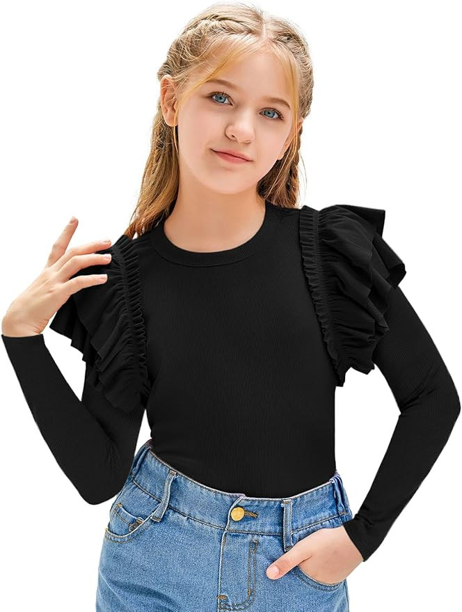 rrhss Girls Ruffle Long Sleeve Shirts Kids Cute Fitted Crew Neck Ribbed Knit Tops Clothes | Amazon (US)