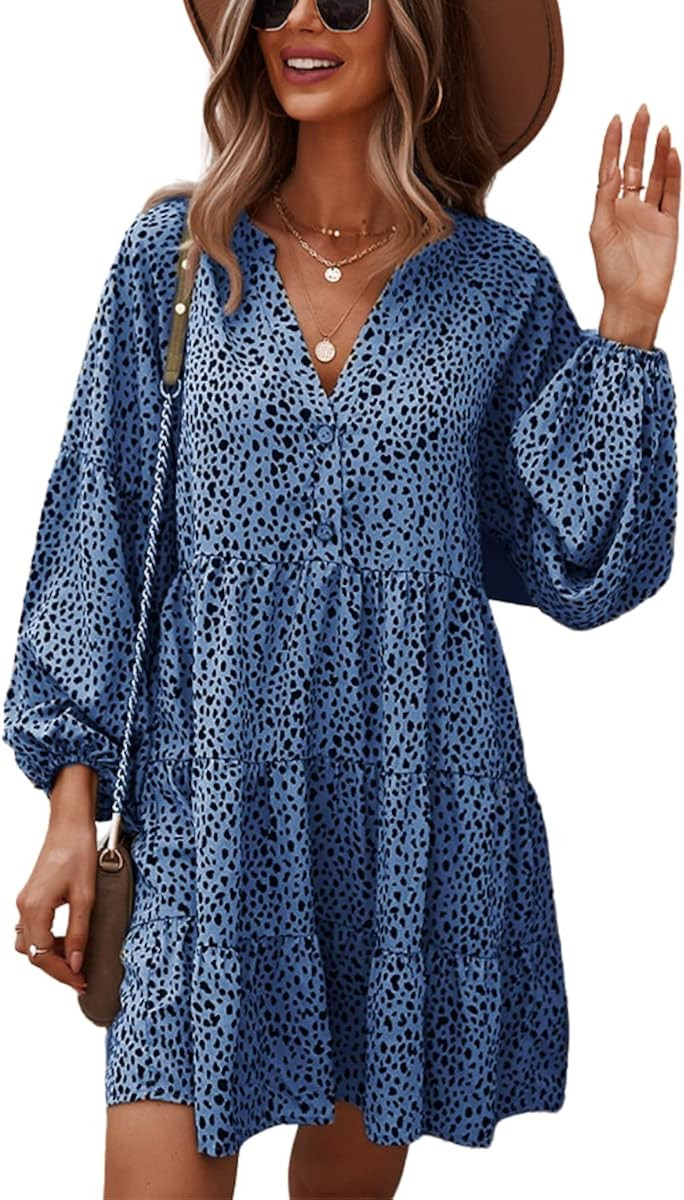 MOPOOGOSS Women Spring Summer V Neck Floral Print Casual Loose Flowy Swing Tunic Mini Dresses | Amazon (US)