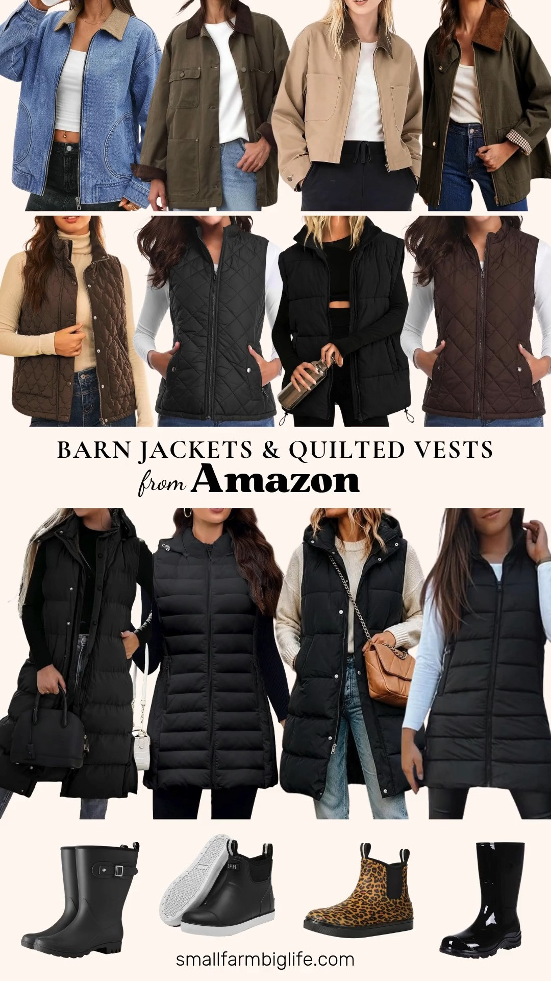 🧥 Barn Jackets & Quilted Vests From Amazon

Barn jackets and quilted vests are the easiest fall layers this season, and these Amazon finds are just as practical for real farm chores as they are for running errands in town. The barn jackets all have that classic corduroy collar: an olive oversized utility jacket with button closure and lots of pockets, a dark army green color block coat, a dark beige cropped canvas jacket that zips up, and a blue oversized denim barn jacket. For quilted vests, there are lightweight puffer vests with a stand collar in black, chocolate, and dark brown, plus long hooded puffer vests in black that keep you warm on chilly fall mornings. Finish the look with waterproof rubber boots: mid calf garden boots, ankle deck boots in black or leopard print, and shiny black printed rain boots, all with slip resistant soles for wet Pacific Northwest days. These cozy, practical layers make easy fall outfits for women over 50, and they look great over a cable knit sweater, a flannel, or your favorite jeans.

#amazonfashion #amazonfinds #barnjacket #quiltedvest #falloutfits #rainboots 

 #LTKdayinmylife #LTKootd #LTKOver40