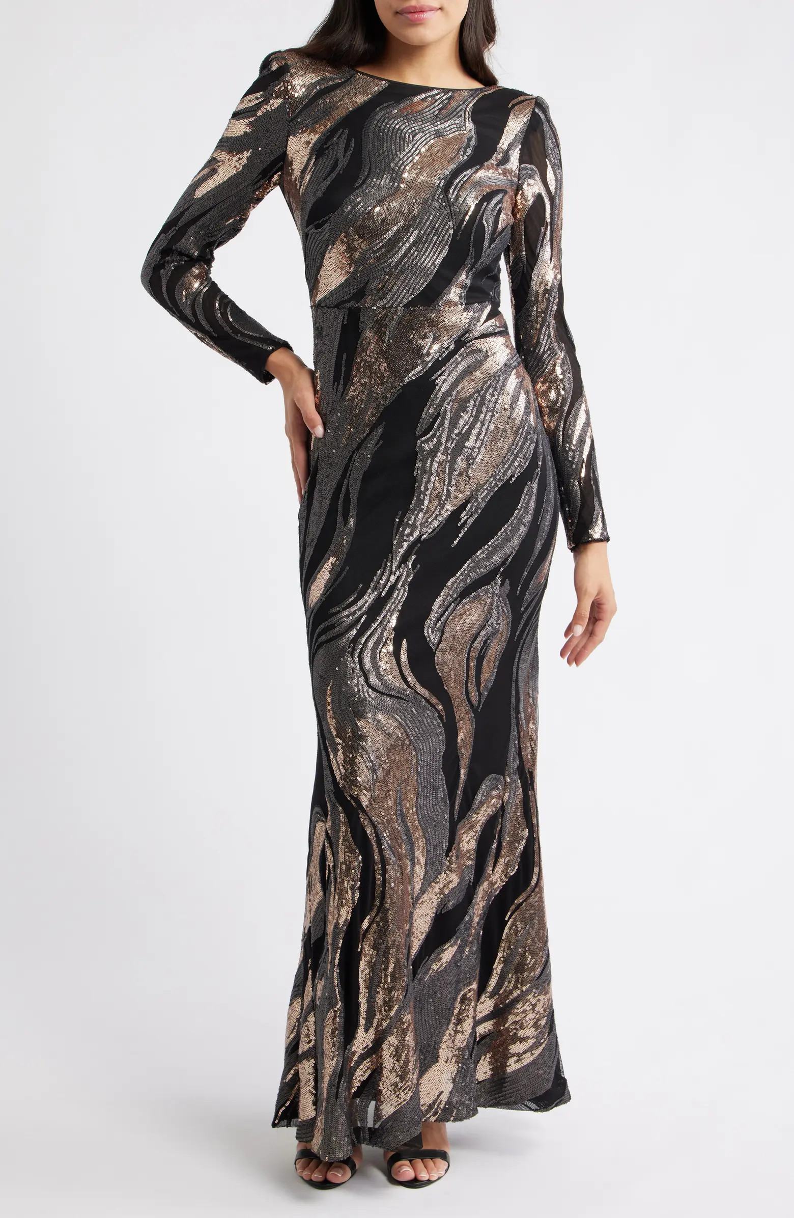 Sequin Low Back Long Sleeve Gown | Nordstrom