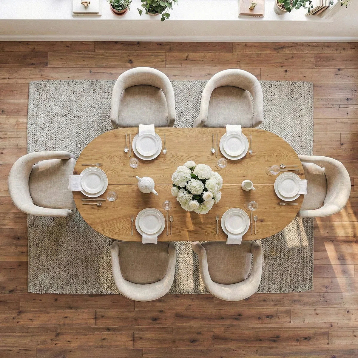 7 Piece Modern Dining Set With 79" Oak Oval Pedestal Table & 6 Sculptural Wide-Seat Arm Chairs | Wayfair North America