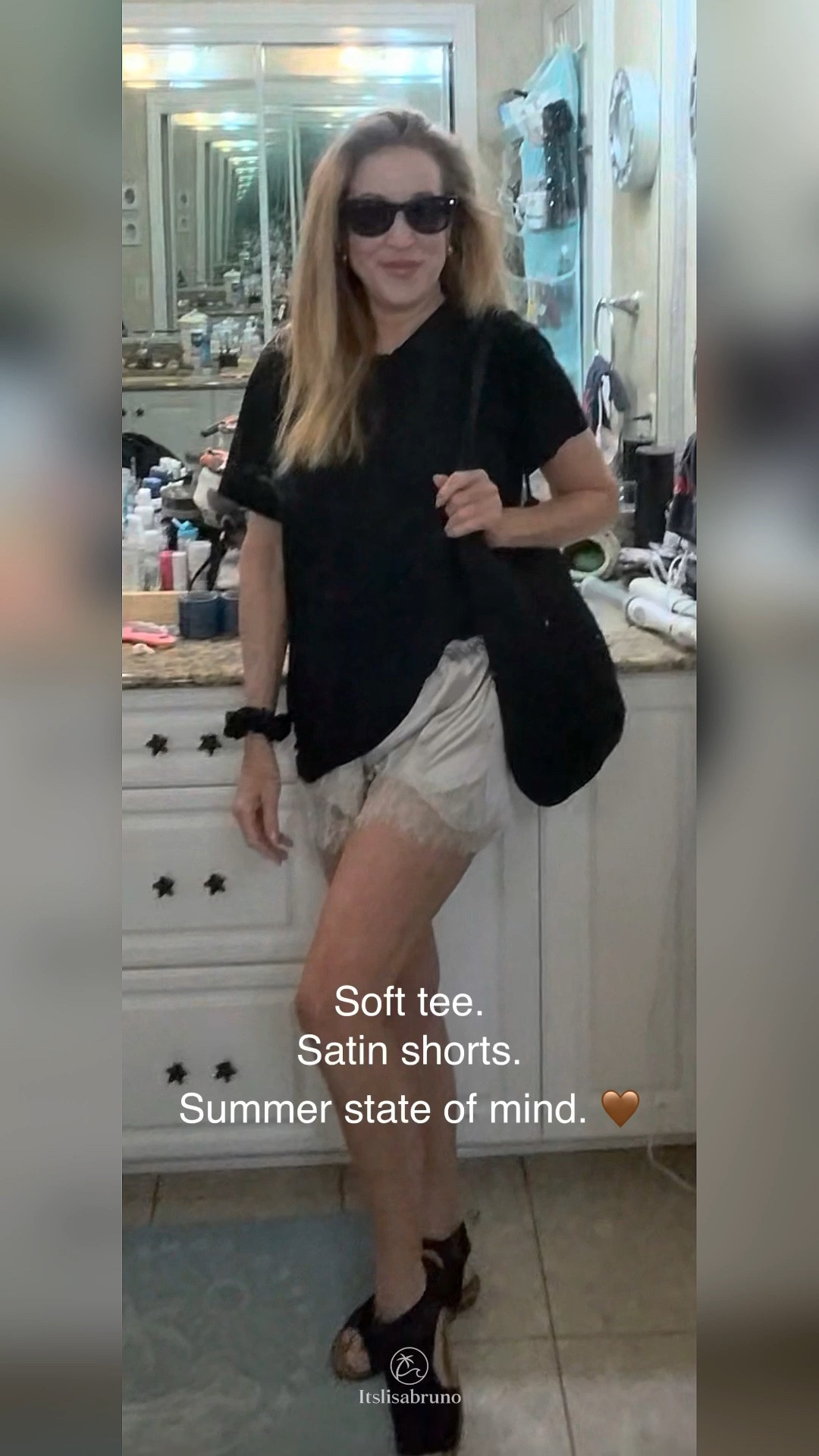 Today’s OOTD 🤎🖤

My JOAH impossibly soft tee paired with champagne satin lace shorts, black peep-toe ankle sandals, a black @gapstyle  crochet bag, and Ray-Ban Meta Wayfarers for an easy summer look that’s equal parts comfy and chic. 🕶️

Mirror selfies? Captured hands-free with my Ray-Ban Meta glasses. 😎

Everything is linked below.🤍

#LTKStyle #OOTD #NeutralStyle #SummerOutfit #EverydayStyle

#LTKootd #LTKSeasonal #LTKOver40