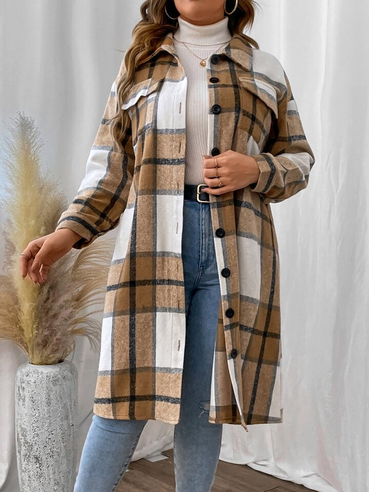 SHEIN LUNE Plus Plaid Print Drop Shoulder Coat | SHEIN