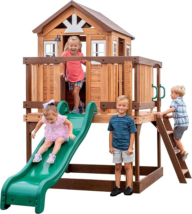 Backyard Discovery Echo Heights Elevated Cedar Wooden Kids Playhouse with Wave Slide, Play Kitche... | Amazon (US)