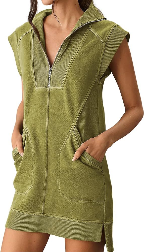 Anoumcy Women Sleeveless Zip Up Collared Mini Dress Casual Solid Pullover Sweatshirt Tunic Top wi... | Amazon (US)