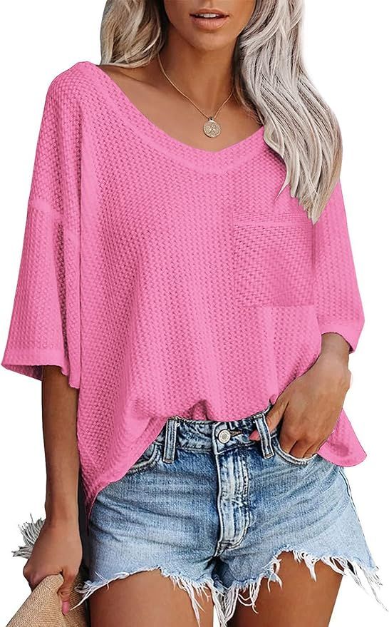 Zeagoo Women Summer Oversized Tops Waffle Short Sleeve Casual V Neck Shirts | Amazon (US)