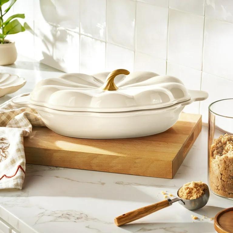 The Pioneer Woman Stoneware 3-Quart Oval Pumpkin Casserole Baking Dish with Lid, Linen | Walmart (US)