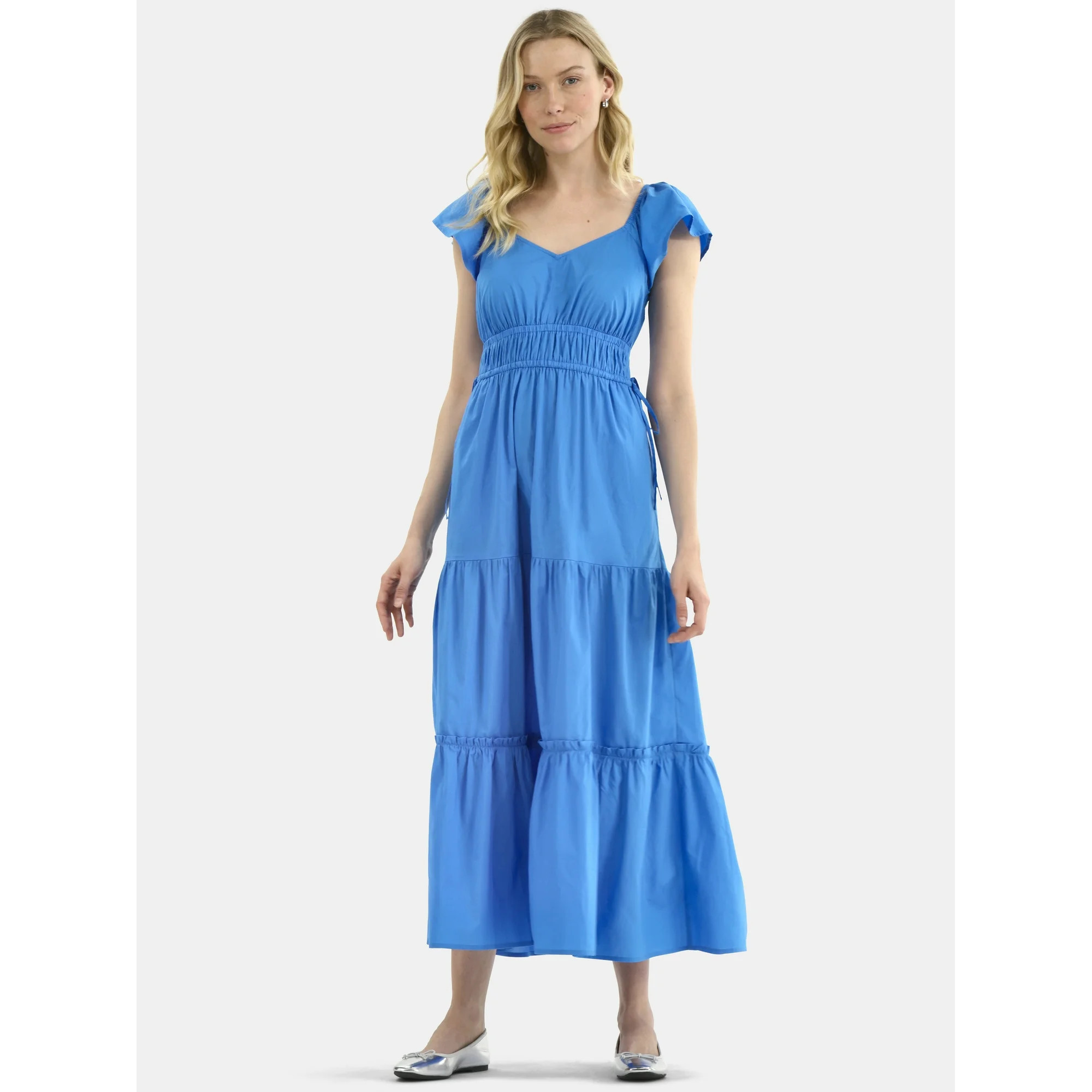 Time and Tru Women's Cotton Print Maxi Dress with Flutter Sleeves, Sizes XS-XXXL - Walmart.com | Walmart (US)
