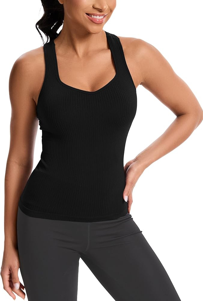 MathCat Women's Workout Tank Top with Built-in Bra, Slight V-Neck Racerback Sports Shirt, Breatha... | Amazon (US)