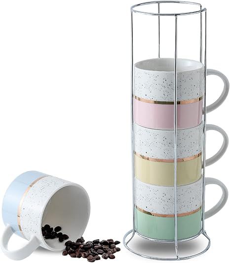 Ceramic Coffee Mugs Set of 4 with Metal Stand, Hasense 15 Ounce Large Stackable Coffee Cups Set w... | Amazon (US)