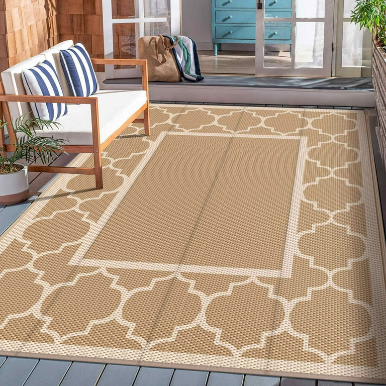 DEORAB 9'x12' Size Outdoor Rug Patio Clearance, Reversible Plastic Waterproof Area Rugs, Brown & ... | Walmart (US)