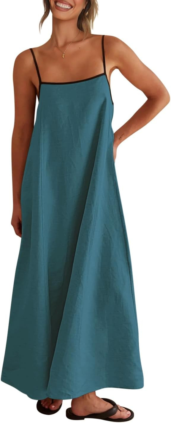 Shy Velvet Women's 2025 Summer Linen Maxi Dress Contrast Spaghetti Strap Dress Backless Sleeveles... | Amazon (US)