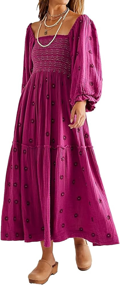 ABYOVRT Women Floral Embroidered Maxi Dress Long Puff Sleeve Square Neck Bohemian Flowy Dress wit... | Amazon (US)