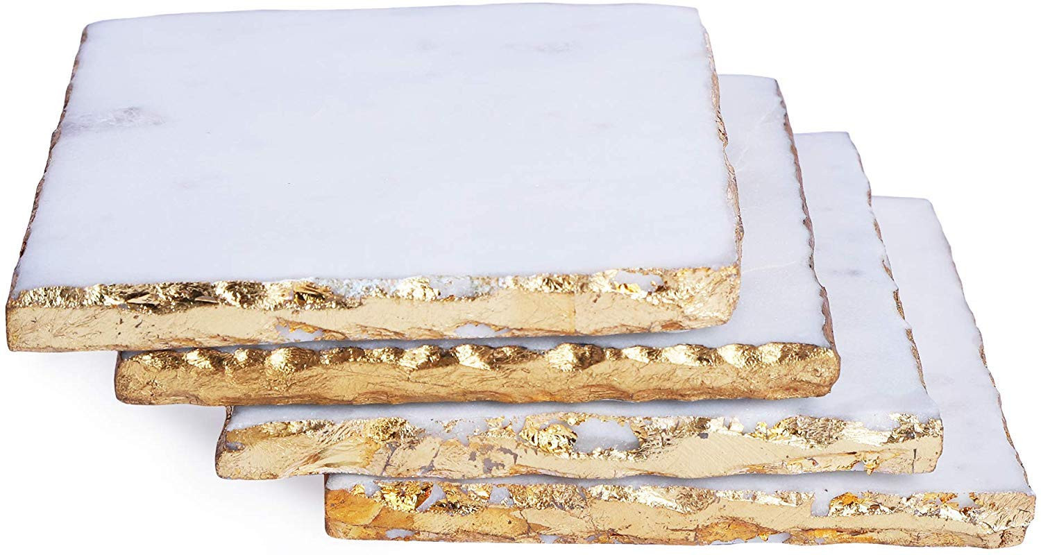 GMRS Home White Marble-Square Coasters with Gold Foiling Set of 4 | Amazon (US)