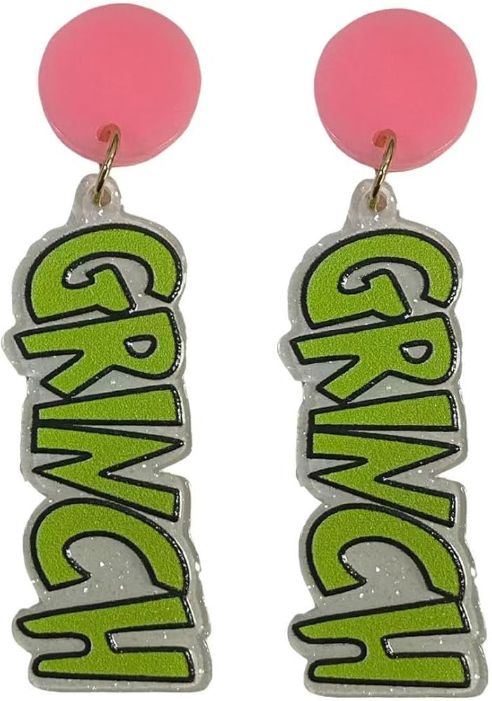 Cute Pair of Drop and Dangle Pink Stud Grinchmas Earrings for Women. Fun Pink Drop and Dangle Gri... | Amazon (US)