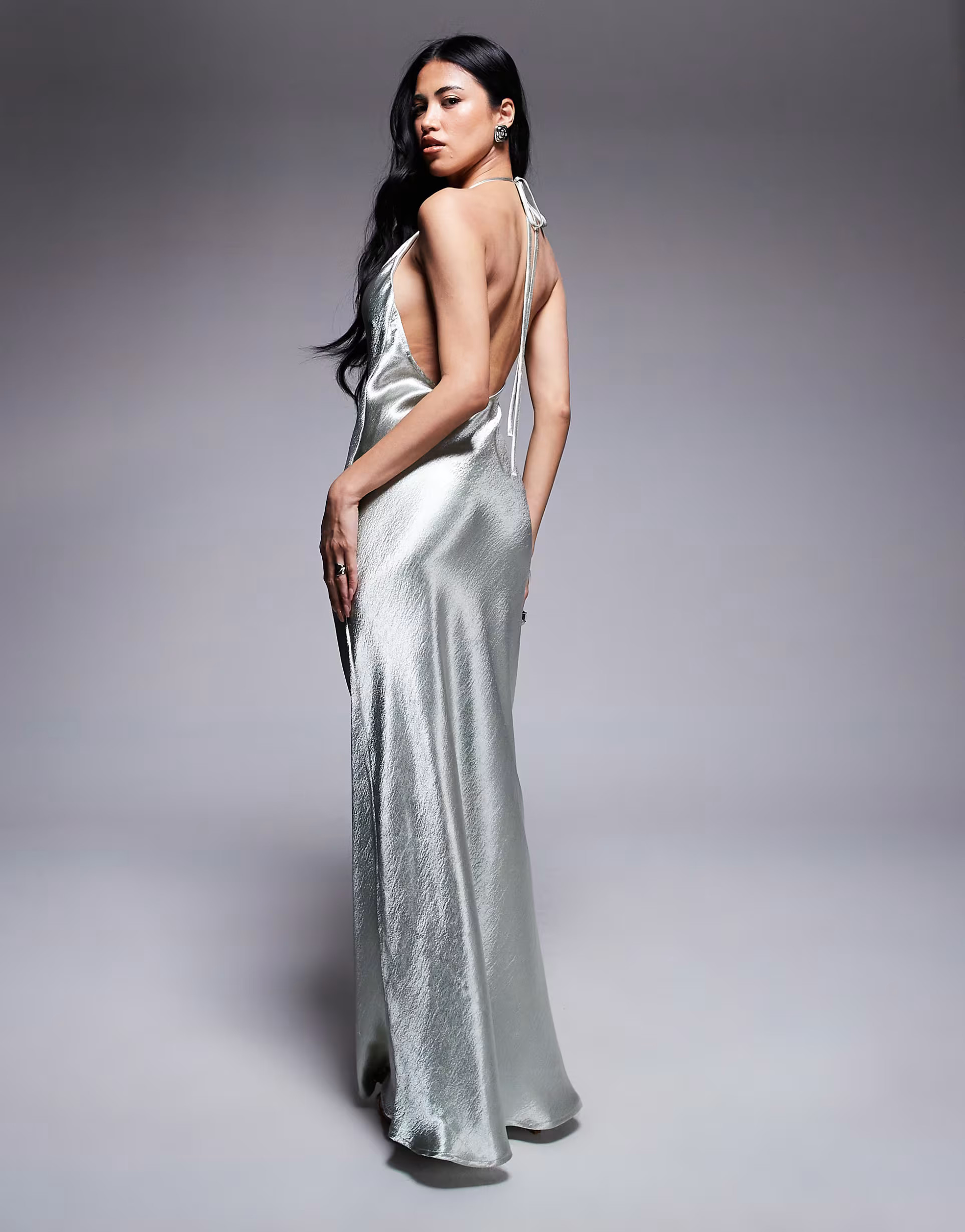 Aria Cove liquid satin cowl halterneck low back maxi dress in silver | ASOS (Global)