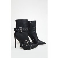 Black Faux Leather Point Toe Buckle Detail Heeled Ankle Boots, Black | PrettyLittleThing IE