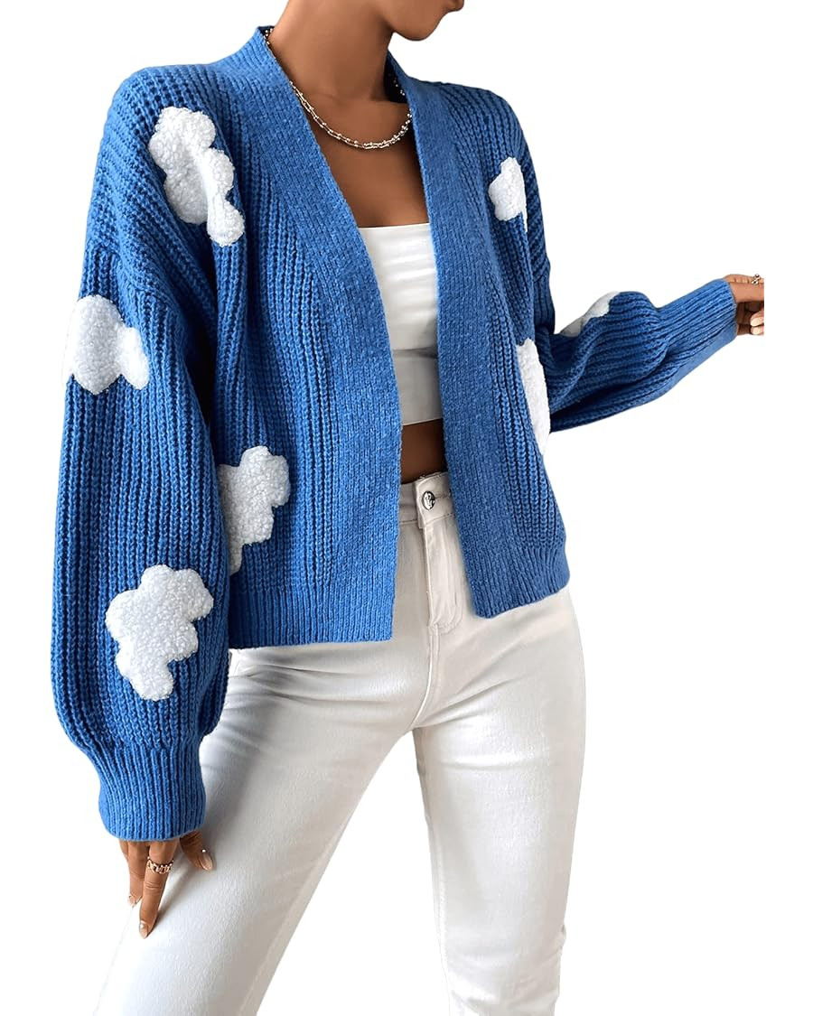SweatyRocks Women's Graphic Embroidery Long Sleeve Loose Cardigan Open Front Knit Cardigan Crop S... | Amazon (US)