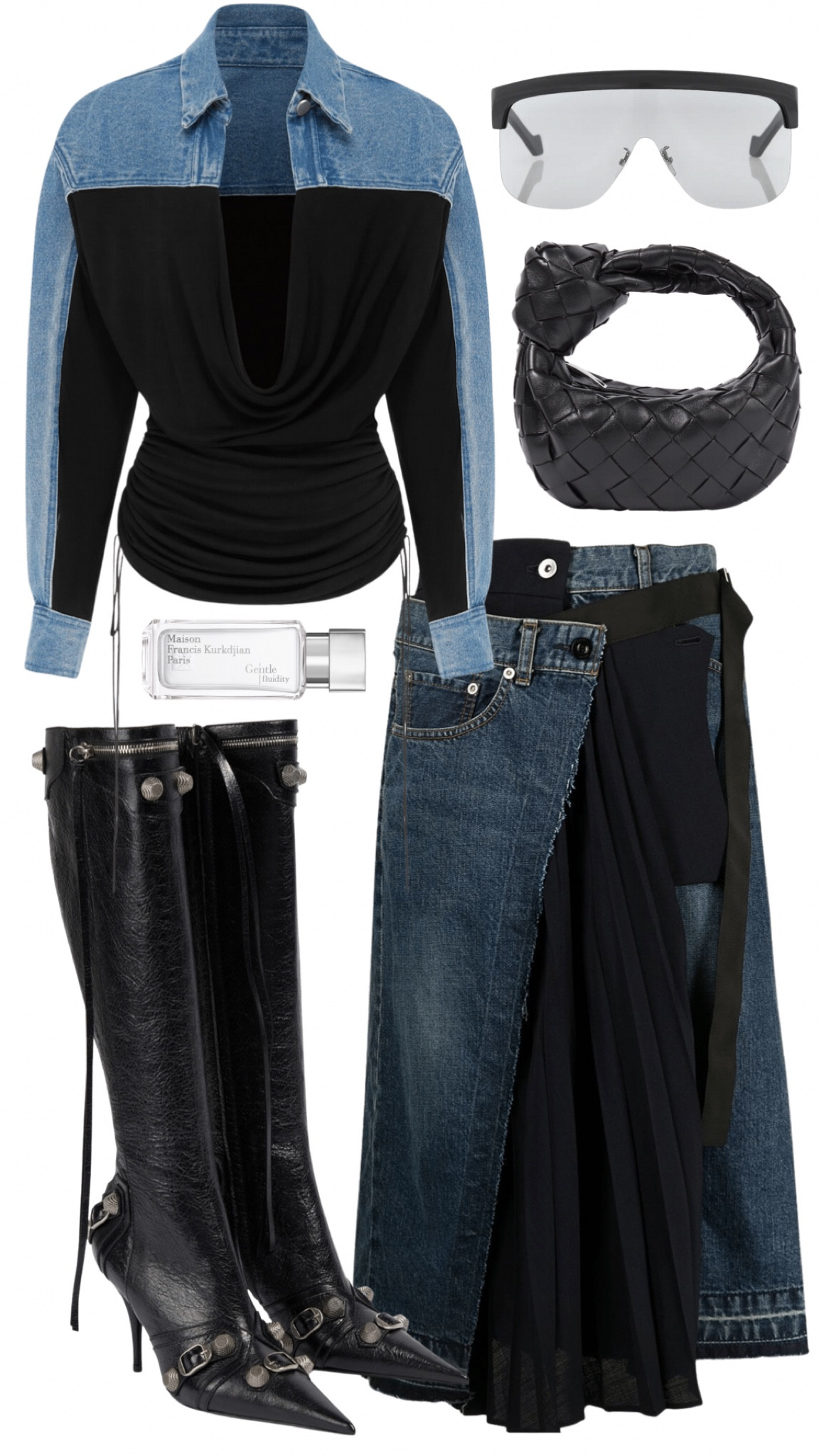 christopher esber top 
sacai asymmetrical skirt ( https://www.brownsfashion.com/ca/shopping/sacai-asymmetric-patchwork-denim-skirt-16431947) 
balenciaga cagole boots 
bottega veneta candy jodie bag 
loewe sunglasses 
MFK gentle fluidity parfum 


#LTKshoecrush #LTKfit #LTKitbag