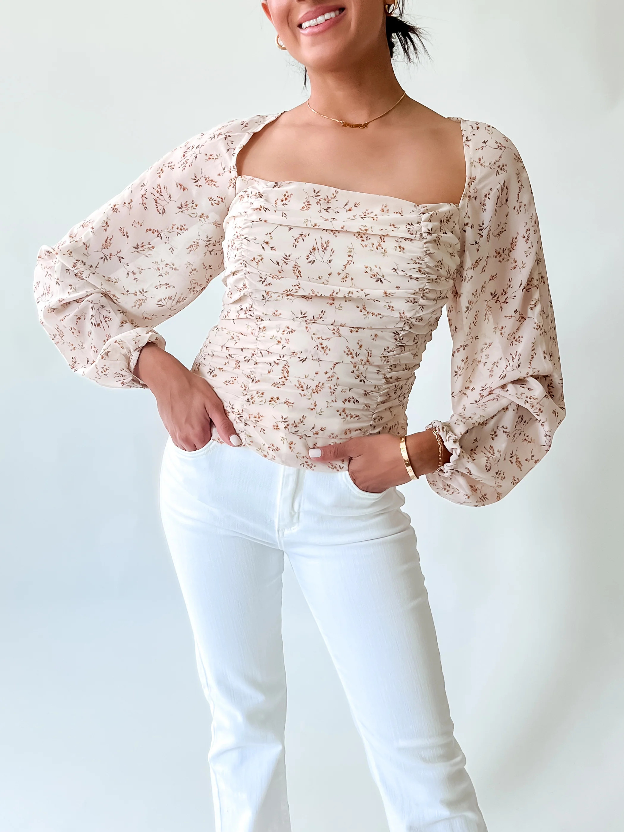 BLOOMING BEAUTY CHIFFON RUCHED TOP | Harper's Den