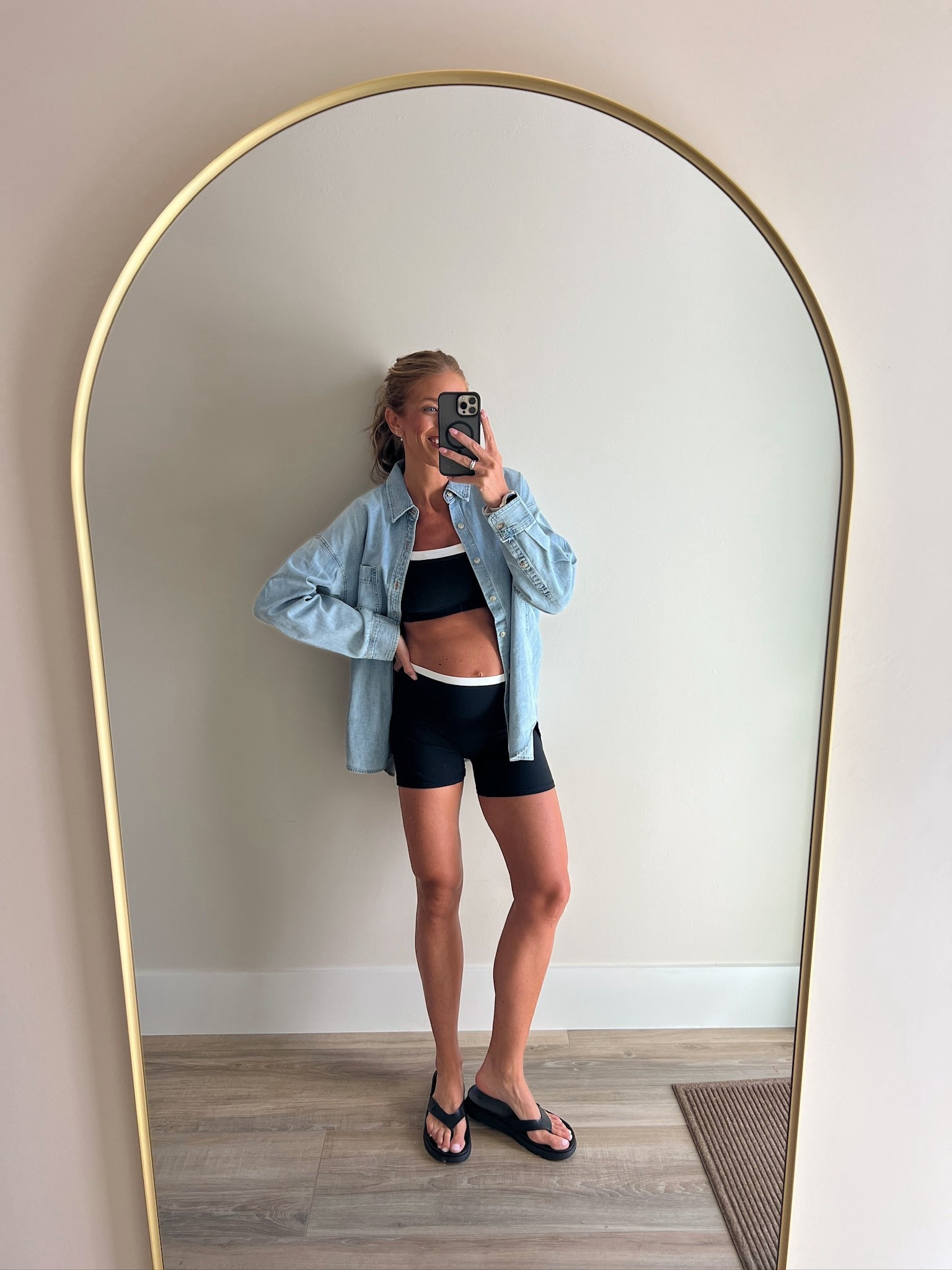 My beach walk workout set staple, and I threw the Aritzia denim shirt I love overtop! 🖤

#LTKSeasonal #LTKBump #LTKootd