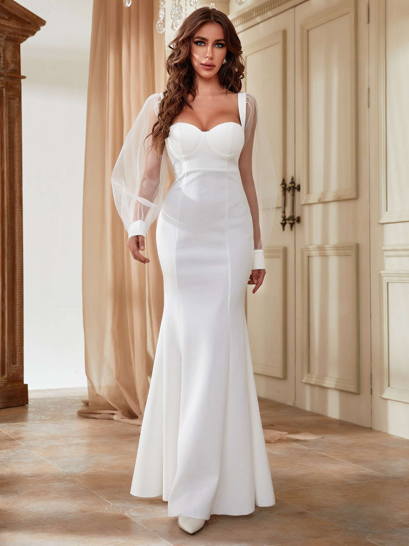Sweetheart Neck Lantern Sleeve Mermaid Hem Wedding Dress | SHEIN