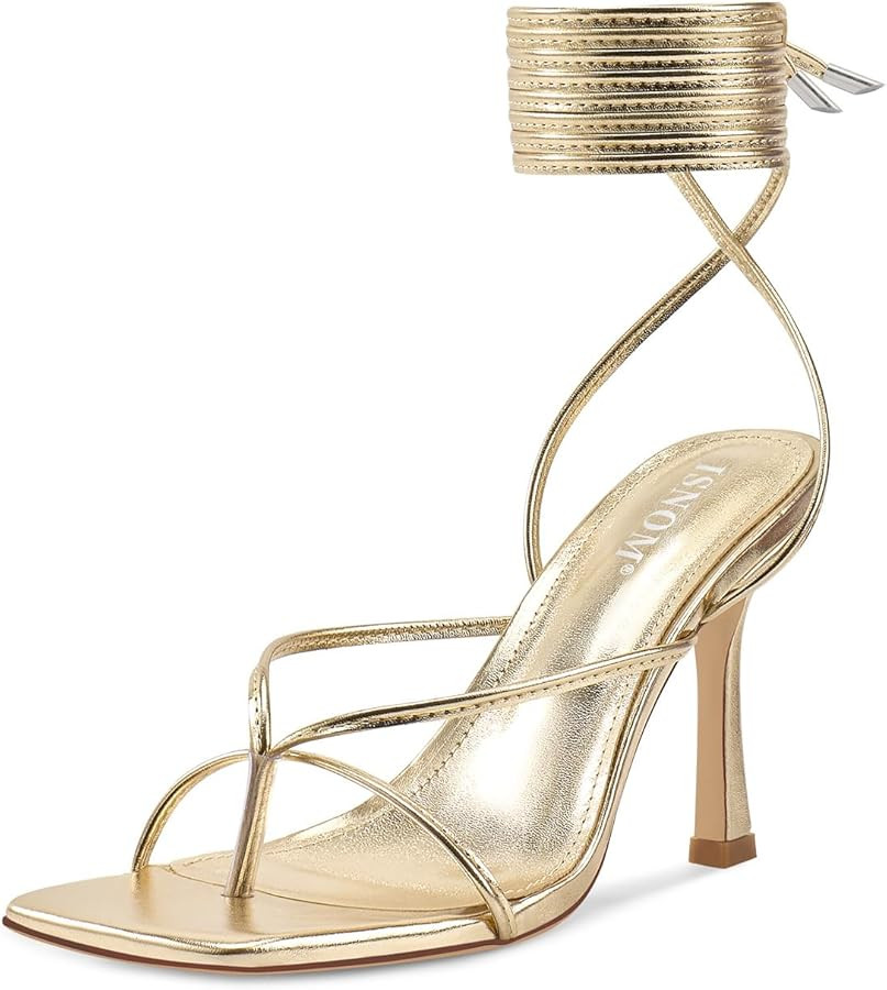 ISNOM Lace Up Heels Sandals for Women, Square Toe, Open Toe Thong, Stiletto Heels Design | Amazon (US)