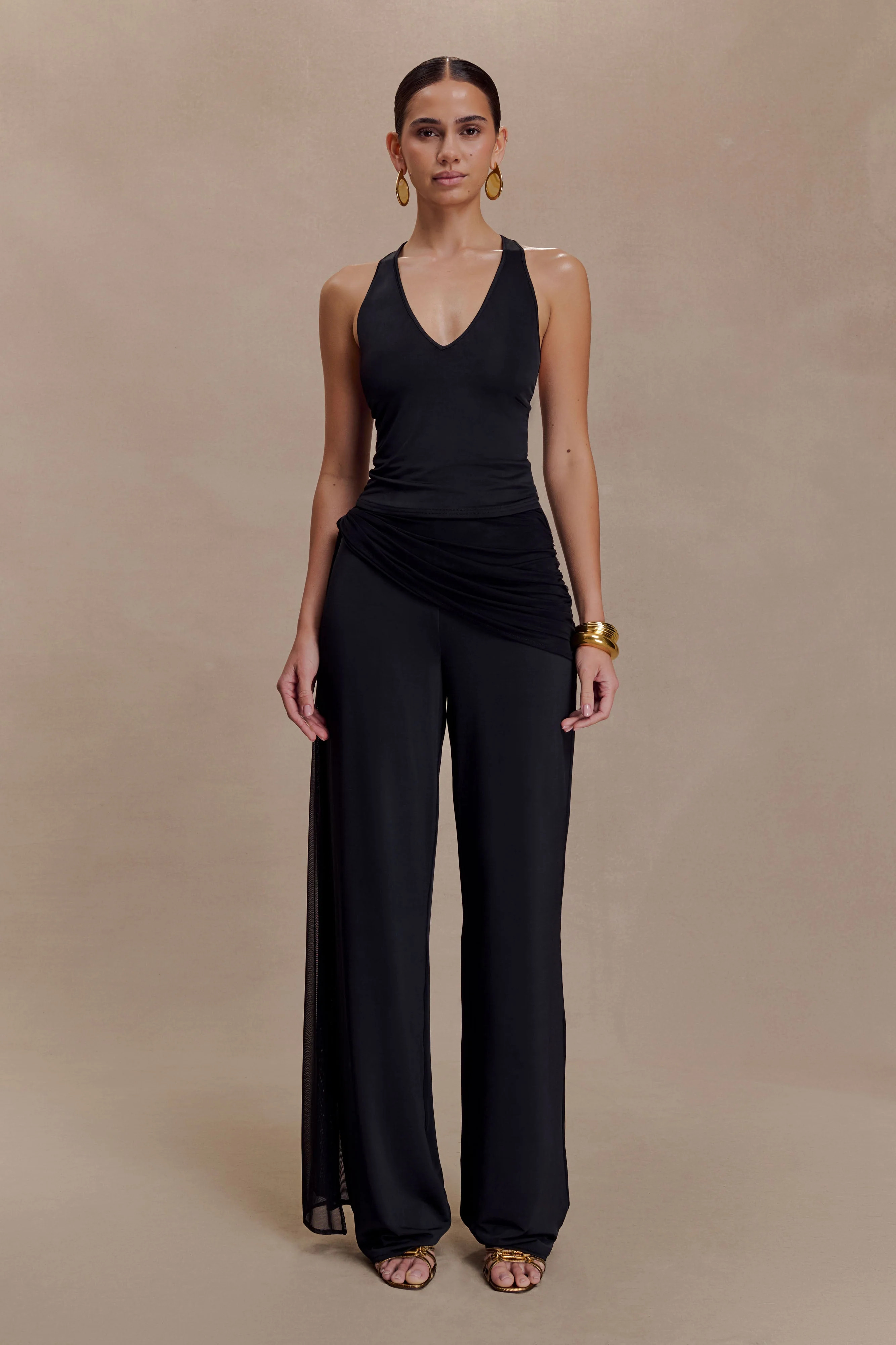 Slinky Gathered Wide Leg Pants - Black | MESHKI US
