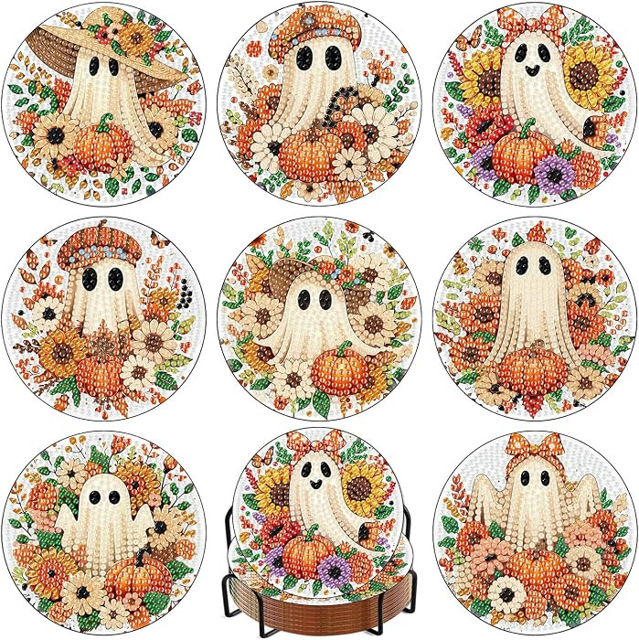 Meothan 8 Pcs Halloween Diamond Art Coasters Kits for Adults with Holder Cork Pads, Fall Diamond ... | Amazon (US)