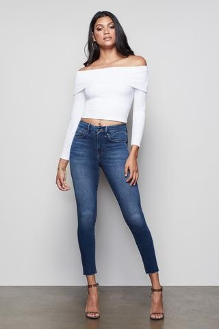 Good Waist Crop Raw Edge Blue331 Super High Rise Skinny Ripped Jeans, Size 8 | Good American