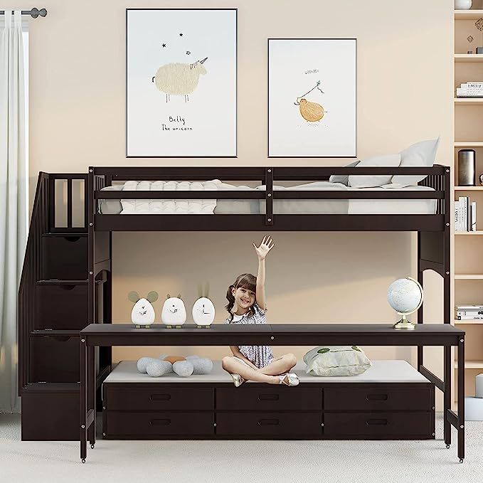 Harper & Bright Designs Twin XL Loft Bed with Desk and Stairs,Wooden Stairway Loft Bed with Twin ... | Amazon (US)